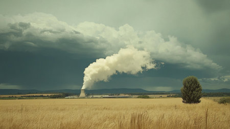 Plume of steam rising into storm clouds from a nuclear facilityの素材