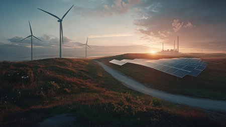 Wind turbines and solar panels near a power plant for a hybrid energy generation setupの素材
