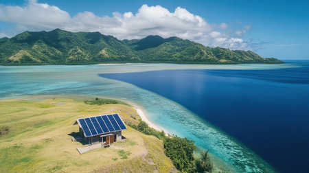 Remote island solar panels powering off-grid homes and facilitiesの素材