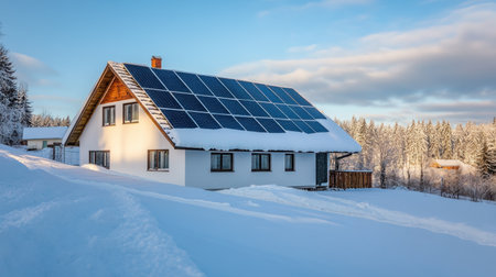 Solar panels dusted with snow still operating in winter climateの素材