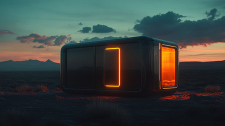 Solar energy storage unit glowing in dark as backup power sourceの素材