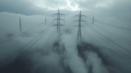 Transmission lines stretching out from a thermal power plantの素材