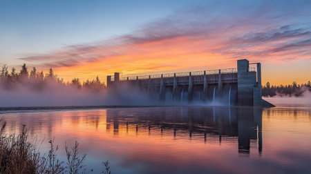 Sunrise over a hydroelectric power plant dam with mist rising from the riverの素材