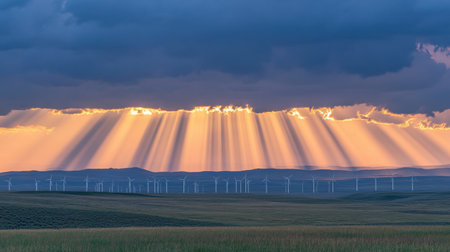 Sunset behind a line of wind turbines on open plains, casting long shadows and creating a dramatic silhouetteの素材