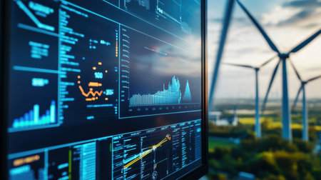 Wind energy control system display screen showing real-time turbine performanceの素材
