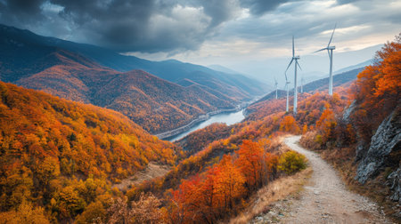 Wind turbines lined along a river valley during fall, surrounded by autumn colorsの素材