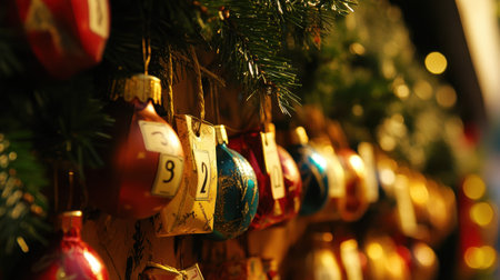 Advent calendar hanging on a wall, with little pockets and numbered decorationsの素材