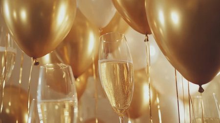 Champagne-themed party decor with golden balloons, flute glasses, and sparkling propsの素材