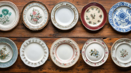 Antique porcelain plates arranged in a circular pattern on a vintage wooden tableの素材