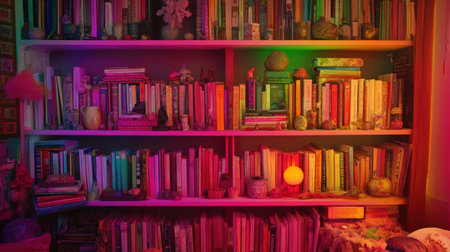 Bookshelf with embedded light strips highlighting colorful decorative itemsの素材