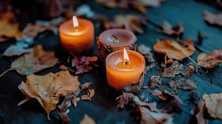 Autumn decorations with leaves, candles, and rustic elements on a wooden farmhouse tableの素材