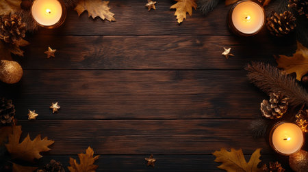 Autumn decorations with leaves, candles, and rustic elements on a wooden farmhouse tableの素材