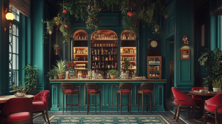 Bookshelf styled with vines, hanging plants, and botanical accessoriesの素材