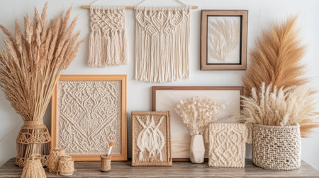 Boho-chic wall decor with macrame hangings, dried pampas grass, and framed artの素材