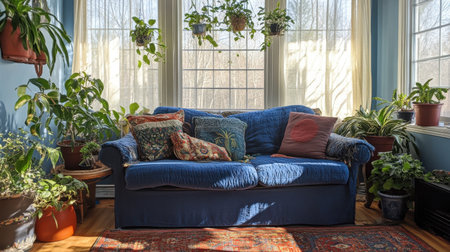 Bright sunroom filled with decorative plants of various sizes and shapesの素材