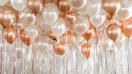 Ceiling covered with helium balloons and hanging ribbon swirls in metallic shadesの素材