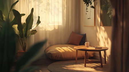 Breakfast nook with cozy cushions, small table, and sunny window seat in a well-decorated cornerの素材