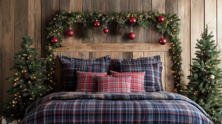 Bed with holiday bedding, plaid pillows, and string lights framing the headboardの素材