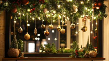 Christmas garland framing a mirror with hanging ornaments and fairy lights in the reflectionの素材