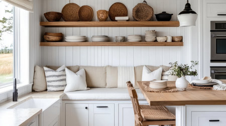 Built-in nook with cushion seating, cozy textiles, and open shelves with decorの素材