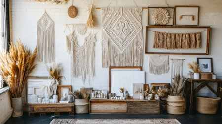 Boho-chic wall decor with macrame hangings, dried pampas grass, and framed artの素材