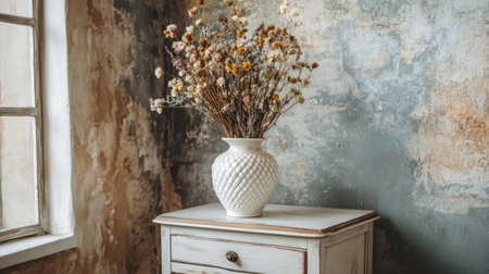 Classic porcelain vase with dried flowers on a vintage side table in a cozy cornerの素材