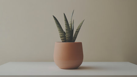 Close-up of a snake plant in a ceramic pot on a minimalistic white tableの素材