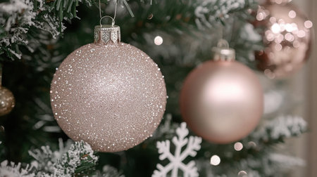 Close-up of glittery Christmas baubles and snowflake ornaments on a decorated treeの素材