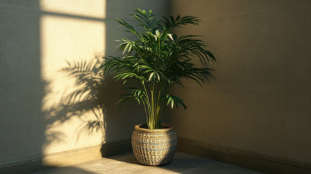 Corner of a room with tall leafy plant in a decorative basket-style potの素材