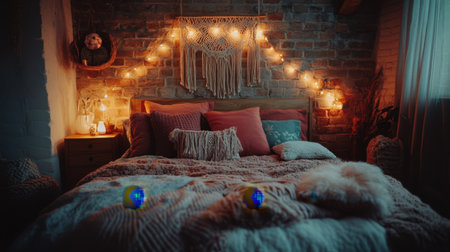 Cozy bedroom decor with fairy lights above the bed, macrame wall art, and soft pillowsの素材
