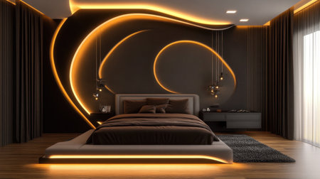 Contemporary bedroom with accent wall, recessed lighting, and elegant nightstandsの素材