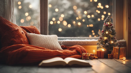 Cozy reading nook decorated with knit pillows, small tree, and Christmas wall artの素材