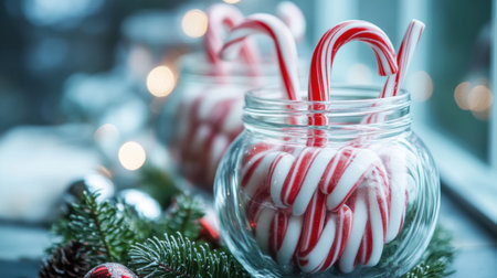 Decorative holiday jars filled with candy canes, pine branches, and small ornamentsの素材