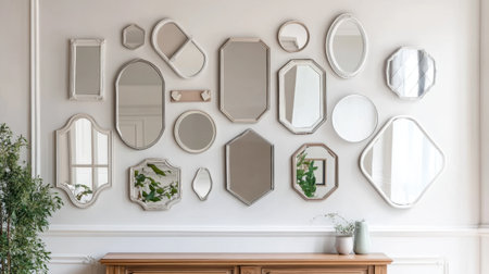 Decorative mirrors of various shapes creating a stylish wall accent above consoleの素材