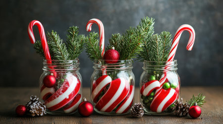 Decorative holiday jars filled with candy canes, pine branches, and small ornamentsの素材