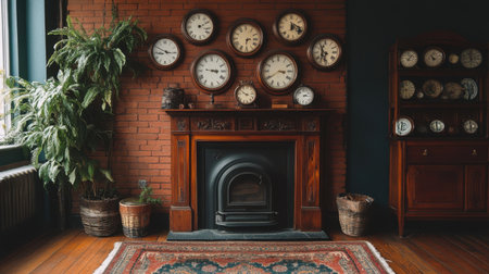 Decorative antique clocks on a wooden mantelpiece, with a vintage rug on the floorの素材