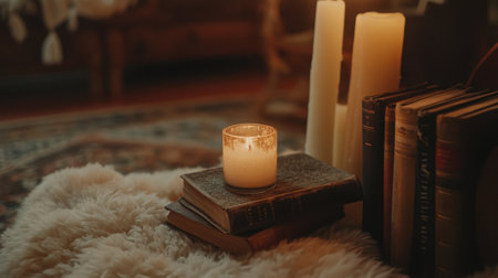 Cozy living space with stacked books, scented candles, and fluffy rugsの素材