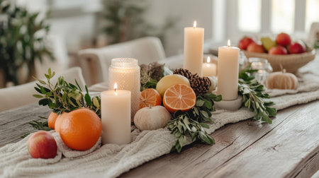 Dining table centerpiece with candles, greenery, and minimal tableware on rustic woodの素材