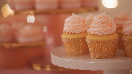 Dessert table with cupcakes, cake stand, and festive decor in pink and gold themeの素材