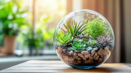 Decorative terrarium with layered stones and succulents on a wooden coffee tableの素材