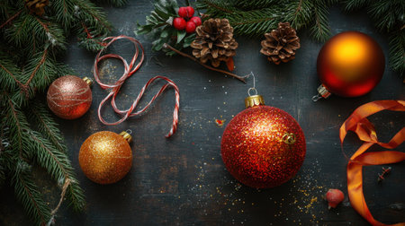 DIY holiday craft table with ornaments, glitter, ribbons, and pine sprigs for making decorationsの素材