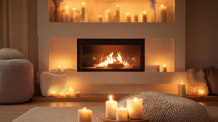 Fireplace mantle decorated with subtle twinkle lights in a cozy home setupの素材
