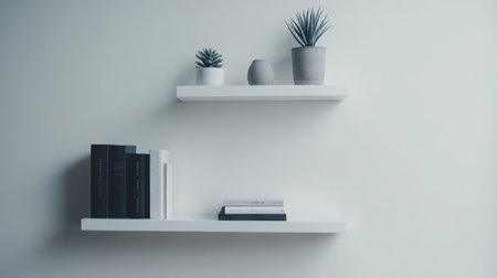 Floating shelves on white wall with one plant, one book, and one ceramic object eachの素材