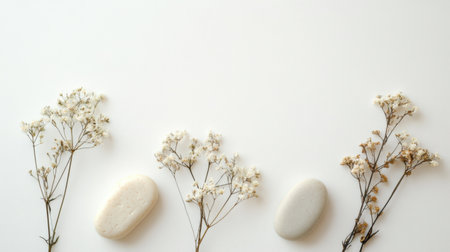 Flat lay of stone, dried flowers, and handmade soap on white backgroundの素材