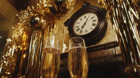 Festive New Years Eve decor with metallic streamers, clocks, and champagne-themed elementsの素材