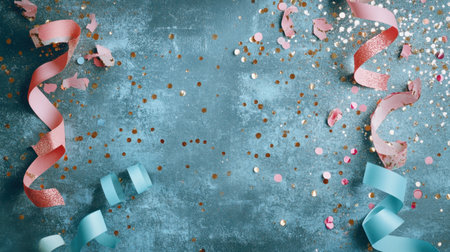 DIY party table with craft supplies, ribbon rolls, and scattered glitter confettiの素材