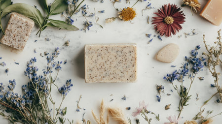 Flat lay of stone, dried flowers, and handmade soap on white backgroundの素材