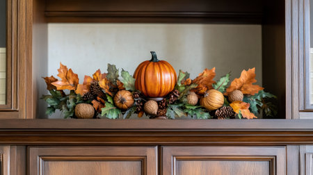 Fall mantle decor with miniature pumpkins, acorns, and garlands of autumn leavesの素材