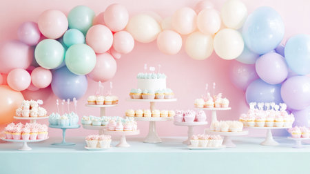 Festive balloon arch in pastel colors over a dessert table for a celebration eventの素材