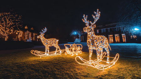 Front lawn with reindeer and sleigh light figures glowing under night skyの素材